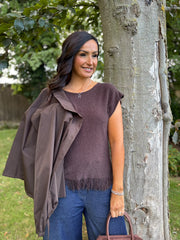 Chocolate Fringed Knit Vest Amara