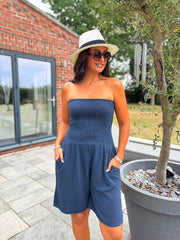Navy Bubble Cotton Bandeau Playsuit