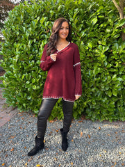 Wine Blanket Stitch V Neck Jumper Jenny