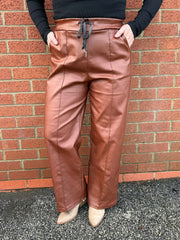 Tan Wide Leg Seam Front Pleather Trousers