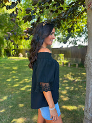 Black Bubble Cotton Lace Trim Top Adele