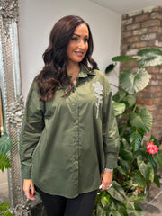Khaki Diamante Flower Shirt Kristie