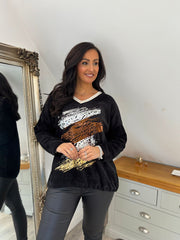 Black Chenille Leopard V Neck Sweatshirt Elle