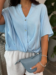Blue Gathered Hem Bubble Cotton Top Ginny