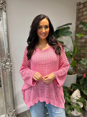 Candy Pink Multi Hole V Neck Knit Sammy