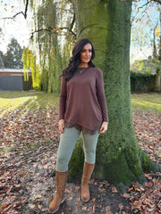 Chocolate Ruched Lace Trim Top Janet