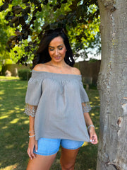 Mocha Bubble Cotton Lace Trim Top Adele