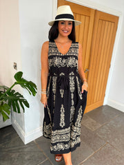 Black Embroidery Belted Dress Kristina
