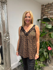 Camel Greek Key Lace Trim Vest Megan