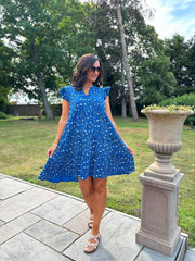 Royal Blue Bubble Cotton Leopard Dress Crystal