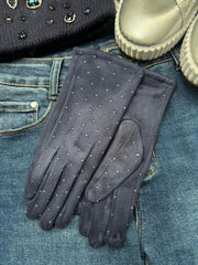 Navy Diamante Velour Gloves