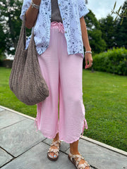 Pink Ruched Drawstring Wide Leg Trousers