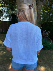 White Striped Textured Linen Top Anais