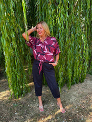 Wine Sketched Leaf Tie Front Blouse Brielle