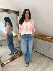 Peach V Neck Argyle Print Top Izzy