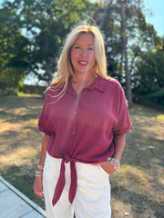 Wine Tie Front Blouse Brielle