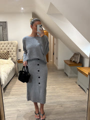 Grey Button Detail Two Piece Skirt Set Jenny