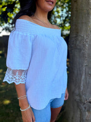White Bubble Cotton Lace Trim Top Adele