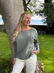Khaki Ribbed Flower Top Mika