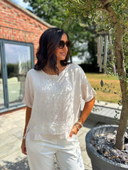 Stone Striped Textured Linen Top Anais