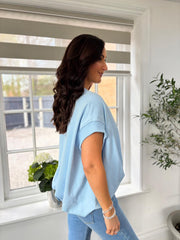 Blue Gathered Hem V Neck Top Willa