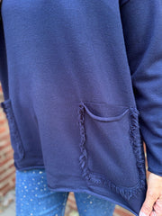 Navy Fringed Pocket Knit Ruth