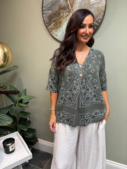 Khaki Paisley Bubble Cotton Top Quinley