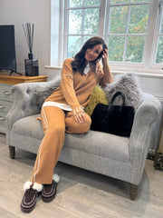 Camel Striped V Neck Sweater Set Pam