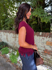 Wine Fringed Knit Vest Amara