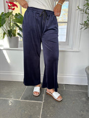 Navy Pull On Wide Leg Velour Trousers