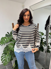 Navy Striped Lace Knitted Top Marcie