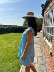 Blue Frill Sleeve Bubble Cotton Dress Alison