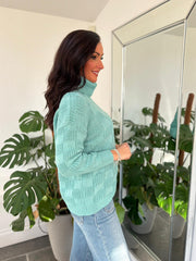 Teal Roll Neck Checkered Knit Rachel