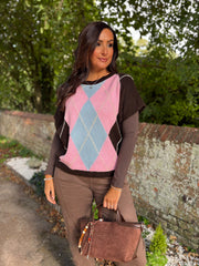 Chocolate Short Sleeve Argyle Knit Rylie