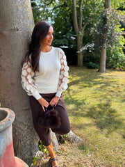 Cream Applique Mesh Sleeve Knit Celine