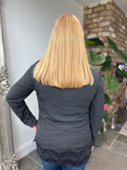 Charcoal Ribbed Lace Trim Top Madeline