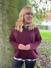 Wine Checked Trim Sweat Top Iris