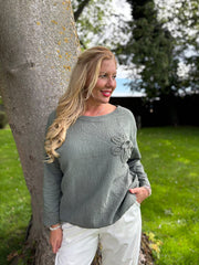 Khaki Ribbed Flower Top Mika