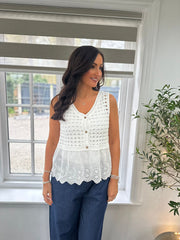 White Broderie Hem Crochet Vest Emma