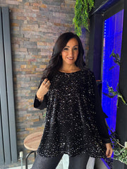 Black & Silver Velour Sequin Panel Top Raven