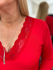 Red Ribbed Long Sleeve Lace V Neck Erin