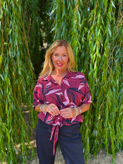 Wine Sketched Leaf Tie Front Blouse Brielle