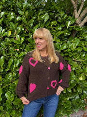 Chocolate & Pink Heart Knit Cardigan Denise