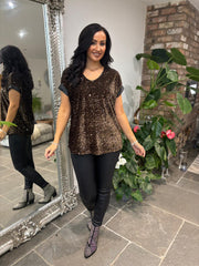 Chocolate Velour Sequin Trim Top Gabby