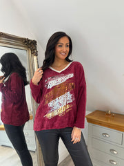 Wine Chenille Leopard V Neck Sweatshirt Elle