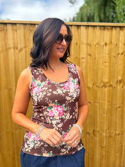 Chocolate Vintage Floral Ruffle Vest Yasmin