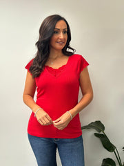 Red Ribbed Lace Detail Top Amelia