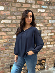 Navy Pleat Detail Chiffon Blouse Molly