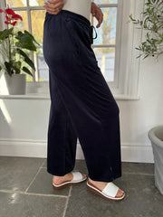 Navy Pull On Wide Leg Velour Trousers