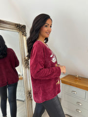 Wine Chenille Leopard V Neck Sweatshirt Elle